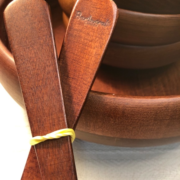 Vintage Baribocraft Wooden Salad Bowl Set with Fork and Spoon Dining 7 Piece Set - Picture 7 of 10